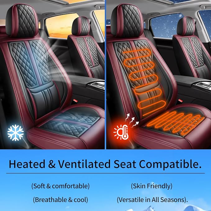 Fit Leaf Car Seat Covers Compatible with Nissan Leaf 2011-2025 2026.Full Coverage Waterproof Leather,Compatible with Airbag,All - Weather Seat Cushion Protector(2 Front,Red)