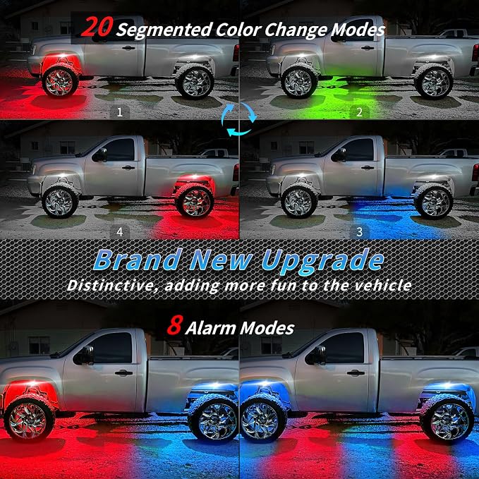 20Pods Multicolor RGB LED Rock Lights for Semi Trucks Pickup RV Jeep Golf Cart Offroad, Segmented Waterproof Underglow Light Kit Neon with APP/RF Remote Control, Music Mode 12V Fender Lights