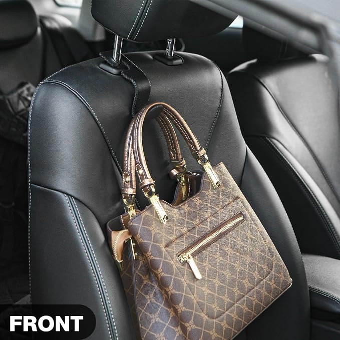 AMVOYOA Leather-Wrapped Car Headrest Hooks & Seat Back Organizer - 2 Pack U-Shaped Car Purse Holder for Bags, Coats, Handcrafted Stitching, Flexible Car Accessories for Women (Gray)