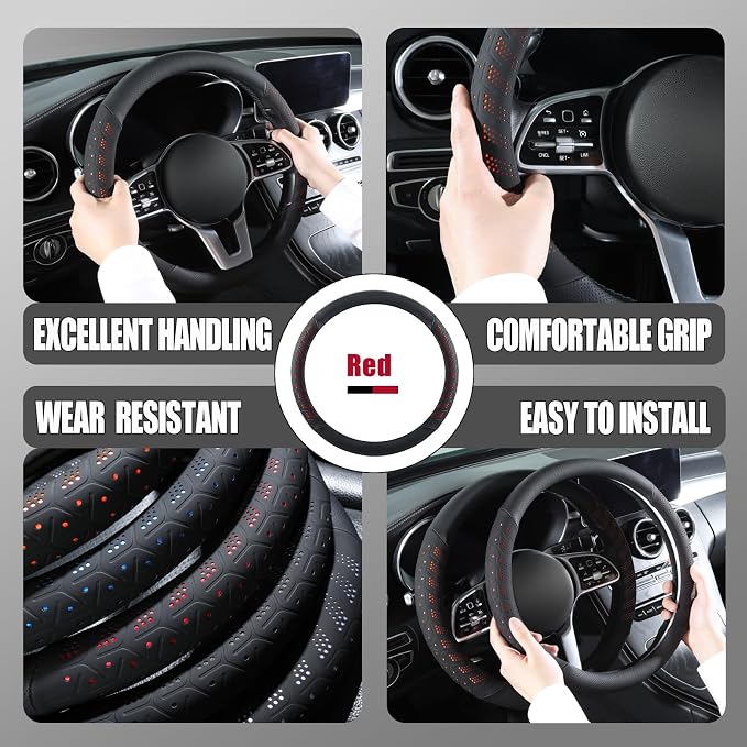 3D Soft 14 inch Leather D Shape Steering Wheel Cover Black Red | Breathable Anti-Slip Premium Skin-Feel Perforated Thin Nappa Leather, Small 13.5 inch to 14 inch