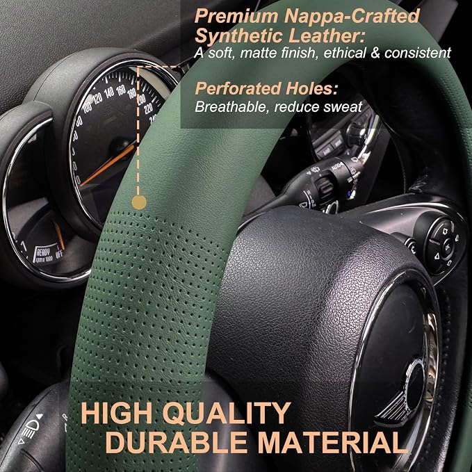 PINCTROT D Shaped Nappa Leather Steering Wheel Cover, Slim Fit No Bulk Design, One Piece Leather with Breathable Perforation, Fit Like Gloves, Flat Bottom 14.5-15 Inch(Nappa Green)