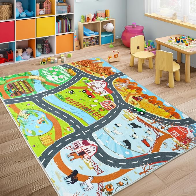 Car Rug Play Mat for Kids Toy Cars, 5' x 7' Town Country Barn Track Road Carpet, Non-Slip Machine Washable Rugs Four Seasons Farm Theme Traffic Mat for Kids Room Bedroom Game Safe Area
