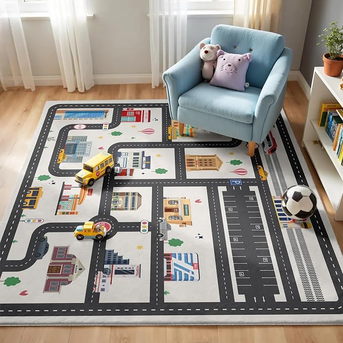Nayoroom Kids Car Road Playroom Rug, Faux Wool City Map, Non-Slip, 4 x 6 ft | Interactive city road map; Car-friendly routes; Soft faux wool surface; Non-slip backing; Easy-care room accent
