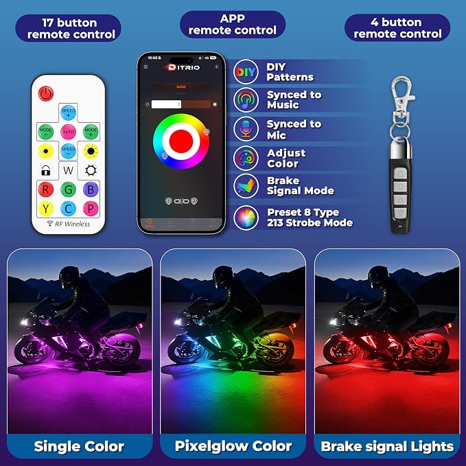 8PCS Double Row Motorcycle Led Lights with Brake Turn Signal,Underglow Light Kits with DITRIO APP/RF Remote Control, Dual Zone,Waterproof,12V Pixelglow RGB Lights for Motorcycles, Golf Carts, UTVs