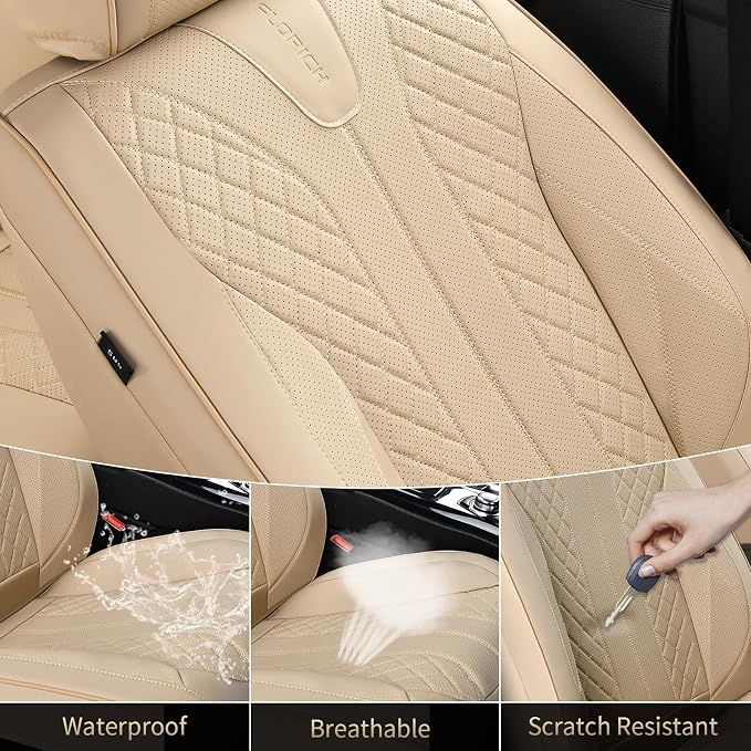 FLORICH Front Seat Covers, Leather Car Seat Covers Luxury Automotive Seat Covers Waterproof Car Seat Protectors Universal Fit for Most Cars SUV Trucks Vehicles, Beige