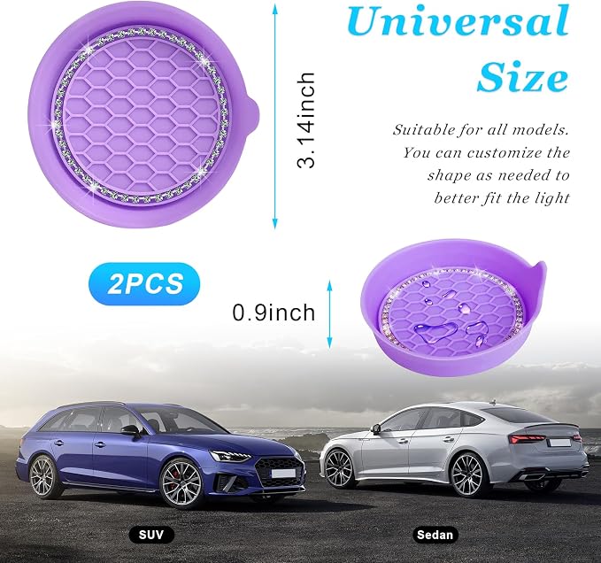 Ziciner 2 PCS Car Cup Coaster Holders, 3.15 Inch Silicone Anti-Slip Auto Insert Coaster, Crystal Rhinestone Car Drink Cup Mat, Universal Durable Auto Interior Accessories (Purple, 2Pack)