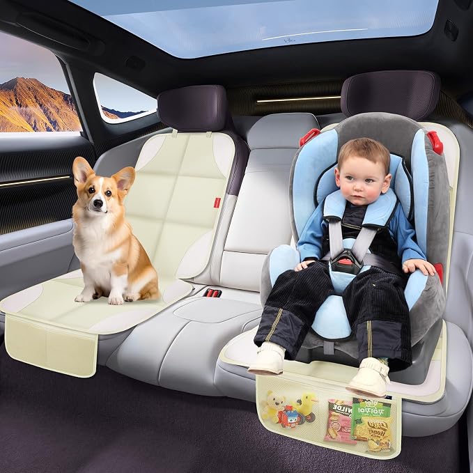 Car Seat Protector, 600D Fabric Seat Protectors, 2 Pack with Non-Slip Backing, Thick Padding, Mesh Storage Pockets