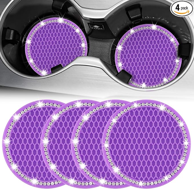 JUSTTOP Bling Cup Holder Coasters for Car,4PCS Universal Non-Slip Cup Holder,Rhinestone Decorative Coasters,Crystal Car Interior Accessories for Women(Purple)