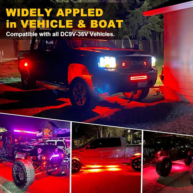 Nicoko 4Pods Pure Red LED Rock Lights 72 pcs LEDs high Power Rock Lights Neon Underglow Light for Car Trucks ATV UTV SUV Boat Underbody Glow Trail Rig Lights IP68 Waterproof