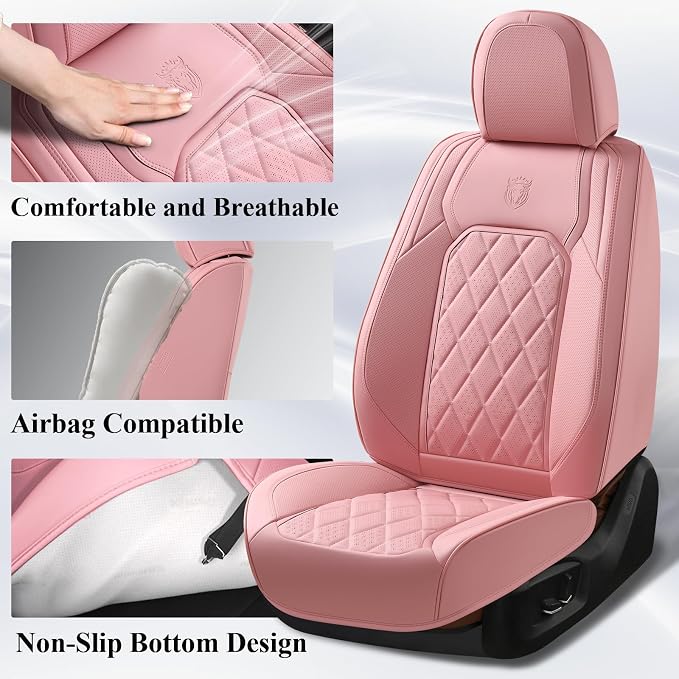 Coverado Car Seat Covers Full Set, Pink Leather Seat Covers for Cars, Universal Waterproof Car Seat Cover, Luxury Front and Back Car Seat Protector, Automotive Seat Covers Fit for Most Cars, Pink