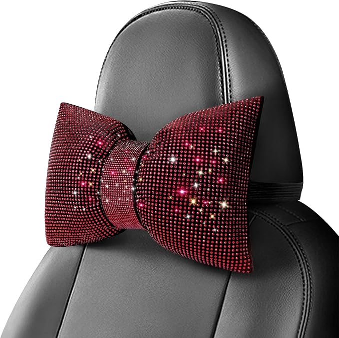 surpassme 2PCS Rhinestone Car Headrest Neck Pillow for Driving with Bling Bling Crystal Bow Pillow Car Accessories for Women (Red)