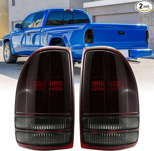 USR 97-04 Dakota PickUp Tail Light – Rear Tail Lamps (Left + Right) Pair - Compatible with 1997-2004 Dodge Dakota Pick Up Truck All Models/Trims (DARK SMOKE RED TAIL LIGHTS/PLUG AND PLAY READY)