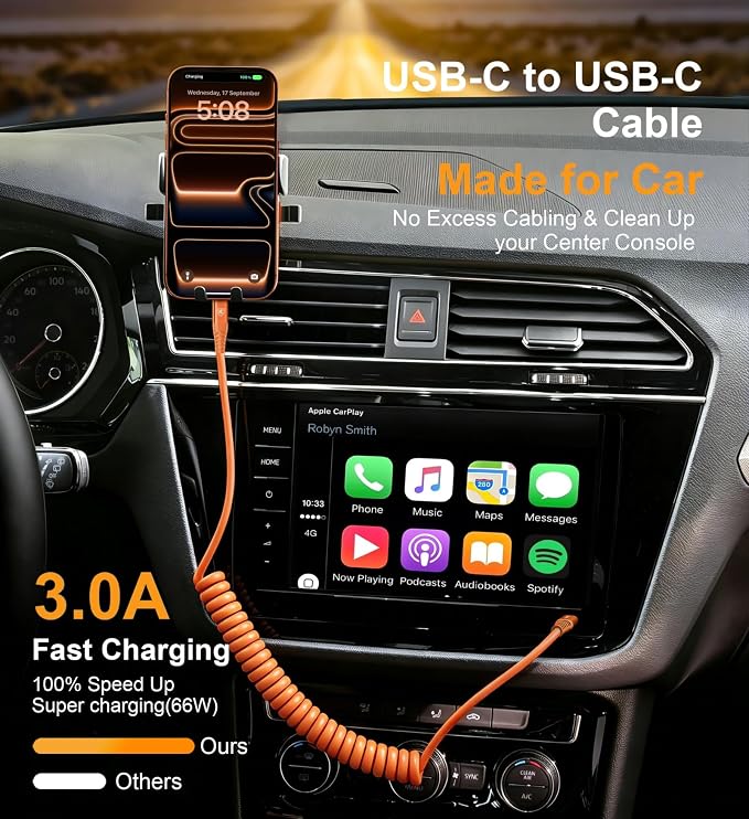 USB C to C Cable 3FT, 2Pack Coiled USB C Fast Charging Cable for CarPlay | iPhone USB-C Cable/Android Auto USB C Cord, USB Type-C Cable for iPhone 17/16/15/Pro Max/Plus/Galaxy S26 S25 and More-Orange