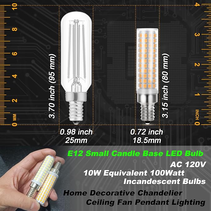 E12 Dimmable Candelabra Light Bulb 100W Equivalent 2700K Warm White, 3 Pack | C7 T6 LED Corn Bulb, 10 Watt, 1000lm, AC120V, for Home Decorative Chandelier Ceiling Fan Pendant Lighting Salt Lamp