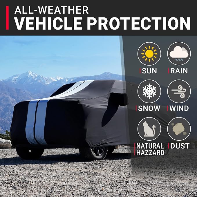 iCarCover Premium Heavy Duty Truck Car Cover - Waterproof All Weather Rain Snow UV Protection F-150 SuperCrew, Silverado 2500 Extended, Sierra 1500 Crew, Size T86 (See Size Chart), Stripe - Black/Gray