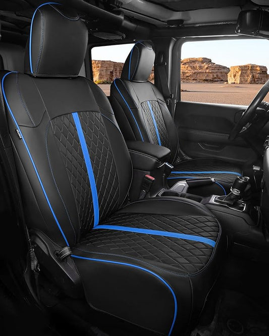 for Jeep Wrangler Seat Covers 4Door JK 2013 2014 2015 2016 2017, Custom Car Seat Cover Full Set, Luxury Leather Seat Protectors, Waterproof SUV Interior Cushions Accessories, Black Blue Trim