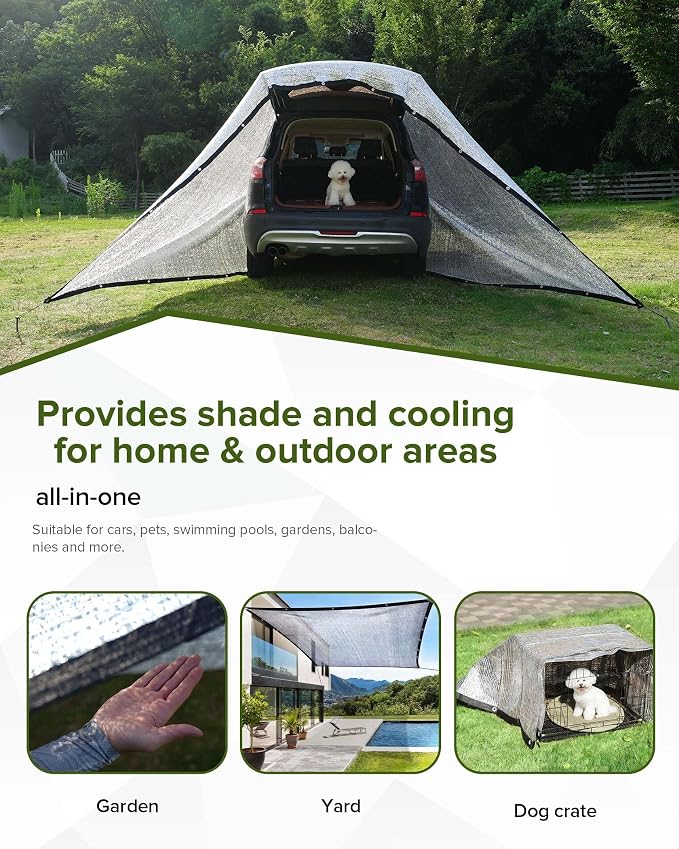 FoundGo 85% Aluminum Shade Cloth, 6.5'x10'Car/Dog Sun Reflective Aluminet tarp,Silver Reflective Sun Shade Net Cover with Grommets,Breathable,Sun/UV/Heat Blocking for Camping,RVs,with Accessories