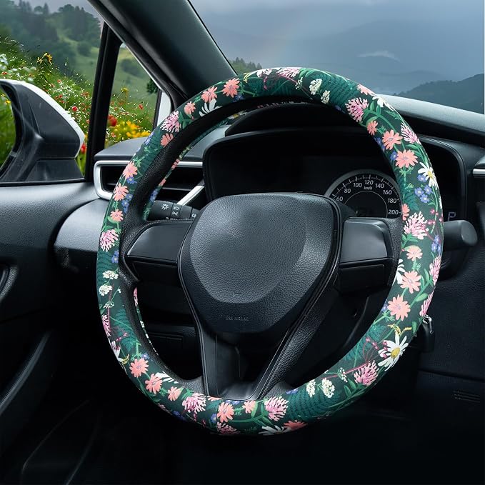 Flower, Floral, Daisies Steering Wheel Cover Auto Steering Wheel Protector, Anti-Slip, Breathable, Absorbing Sweat, Universal Car Accessories 14.5–15 inch,Fit for Most Car, Trucks, SUV
