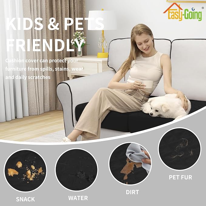 Easy-Going Waterproof Chair Cushion Cover, Non-Slip Leakproof Sofa Seat Cushion Slipcovers, Quilted and Stretch Furniture Protector for Dogs, Pets (1-Piece Chair Cushion, Black)