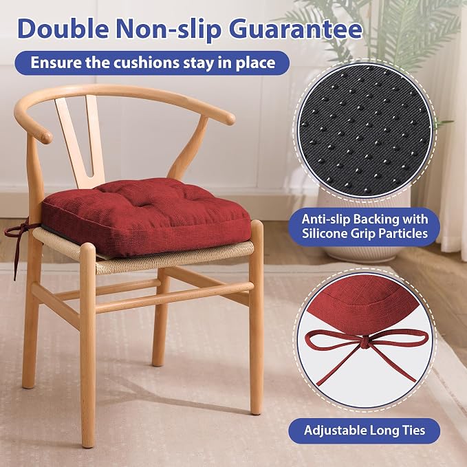 IASEAHK Chair Cushions for Dining Chairs, Dining Chair Cushions, Tufted Indoor Chair Pads with Ties & Non Slip Backing, Seat Cushions for Kitchen Chairs 16.5” x 16.5” x 3.5”, Set of 6, Red