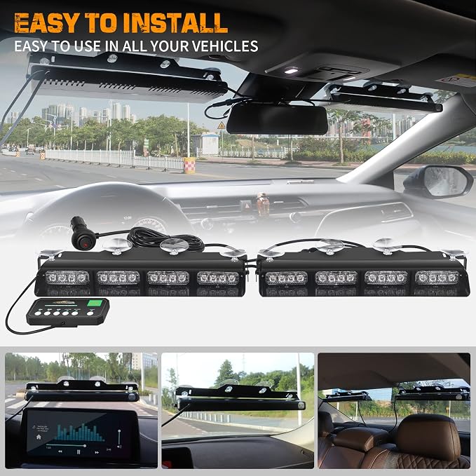 XRIDONSEN 2x 14 inch Amber Green Emergency Dash Lights 32 LED Strobe Lights | Interior Safety Warning Hazard Caution Front/Rear Windshield Light Bar w/ Controller for Construction Vehicles Trucks Car