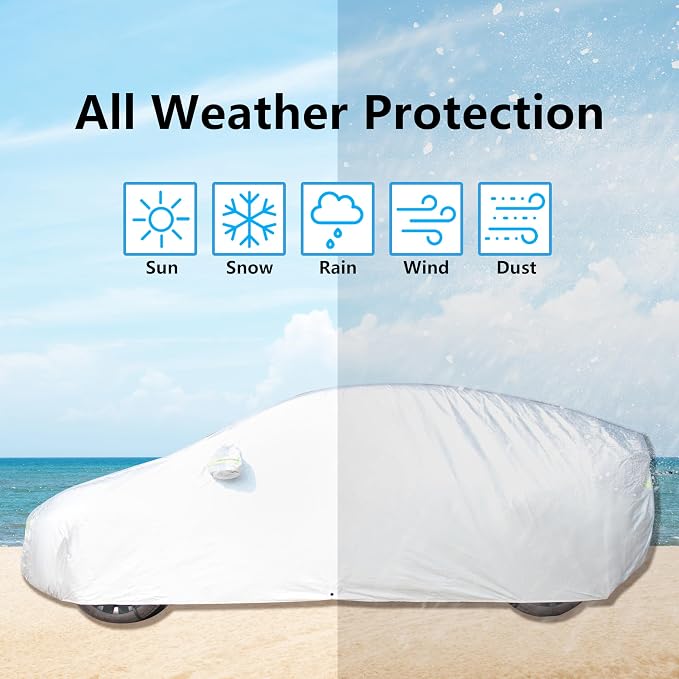 Car Cover Fit for 191-200 inches Length Sedan Waterproof All Weather Outdoor Full Cover Rain Sun UV Protection Driver Side Door Zipper Dirtproof, Scratch Resistant, Breathable, Dustproof