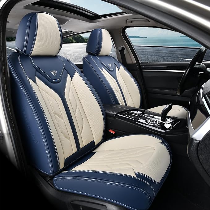 Coverado Car Seat Covers Full Set, Leather Seat Covers for Cars, Automotive Seat Covers Car Seat Protectors Car Accessories Universal Fit for Most Sedans SUV Pick-up Truck(Blue&Beige)