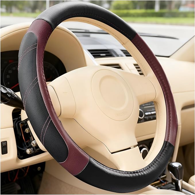 Car Steering Wheel Cover, 14.5-15" Non-Slip Soft Leather Breathable Sporty Steering Wheel Protector, Comfortable Automotive Interior Protection Accessories, Universal for Vehicles (Wine Red)