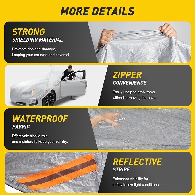 Caromop 10-Layer Waterproof Car Cover All Weather Protection (Snow, Rain, Sun) with Secure Fit Straps and Easy On/Off Zipper-Size A5 (See Size-Chart)