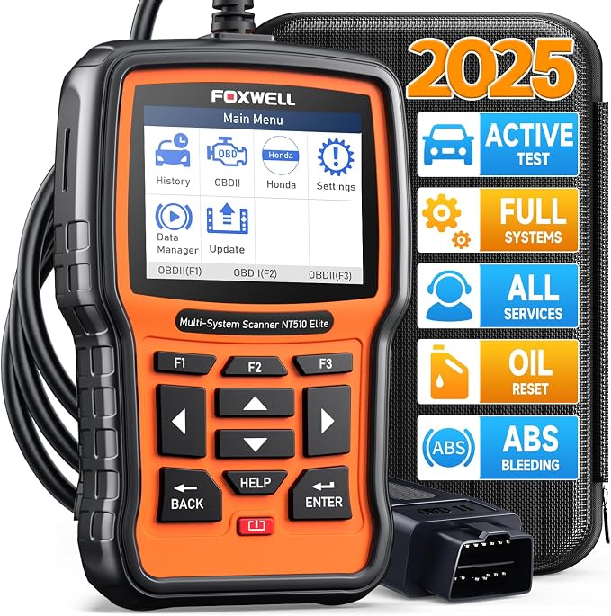 FOXWELL NT510 Elite fit for Honda Acura OBD2 Scanner, Bidirectional Full System Engine ABS TCM SRS Diagnostic Scan Tool, All Reset Crankshaft Relearn Oil EPB TPS ABS Bleeding, Code Reader, Free Update
