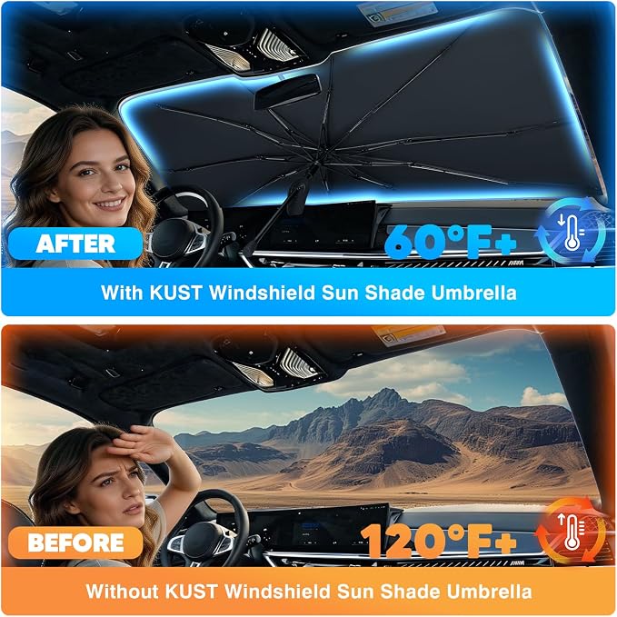 KUST Sun Shade Umbrella for 2019-2025 2026 Dodge Ram 1500 2500 3500 | Custom Fit Windshield Sunshade | Foldable Sunshade with Bendable Handle | Blocks Heat & UV Scratch Resistant