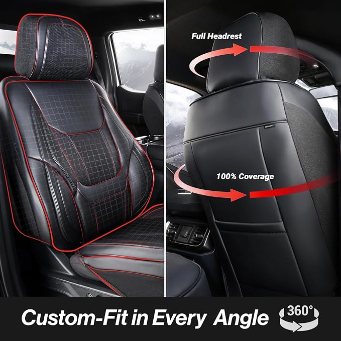 Coverland Custom Truck Car Seat Covers Full Set for [2016-2026 Honda Ridgeline Crew Cab Captain Seats] - Protector Water Resistant Leather Memory Form Back Support Seat Cushion [Full Set-Black]