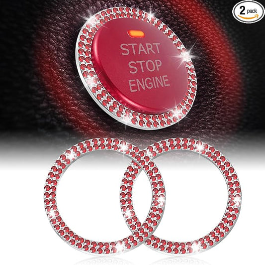 LivTee Car Engine Start Stop Decoration Ring, Crystal Double Rhinestone, Bling Car Interior Accessories for Women, Key Ignition & Knob Bling Ring, Push to Start Button Cover/Sticker, Red