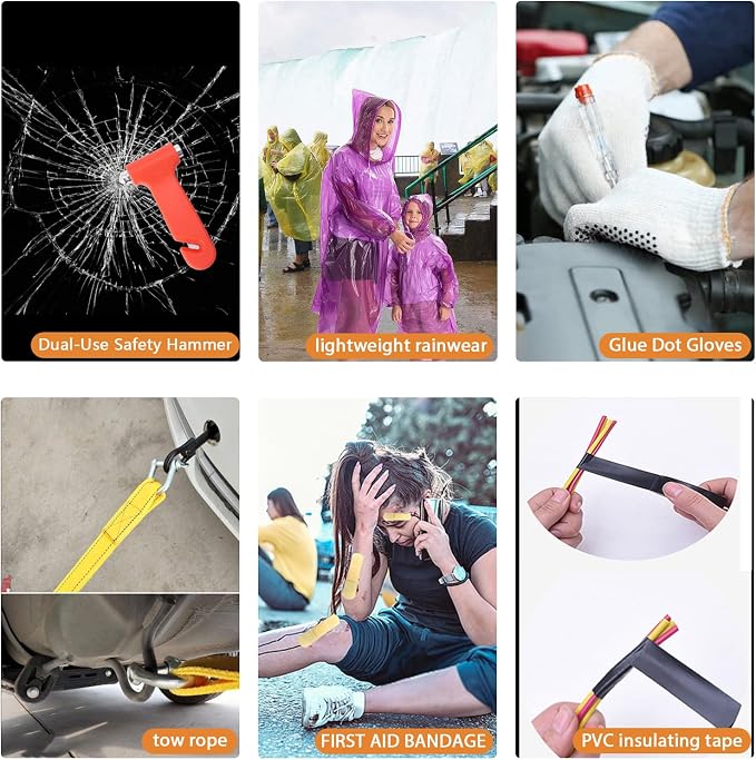 Car Roadside Emergency Kit, with Jumper Cables Headlamp Car Safety Kits | Car Emergency Kit with Tow Rope Folding Shovel, Safety Hammer Etc. Emergency Roadside Kit for Car Gifts for New Drivers