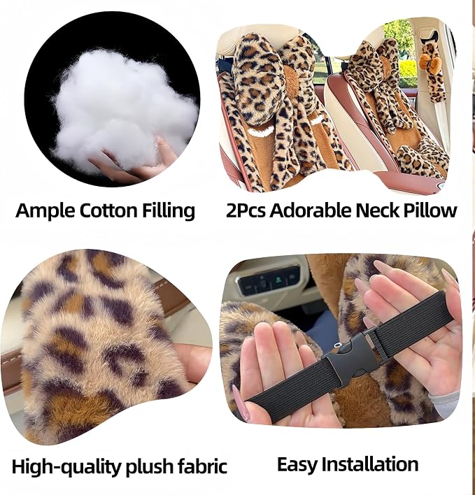 Car Neck Pillow Plush Bowknot Car Headrest Pillow Comfortable Neck Support for Driving Soft Touch Fabric Car Pillow Cute Interior Decor (Leopard-1Pcs)