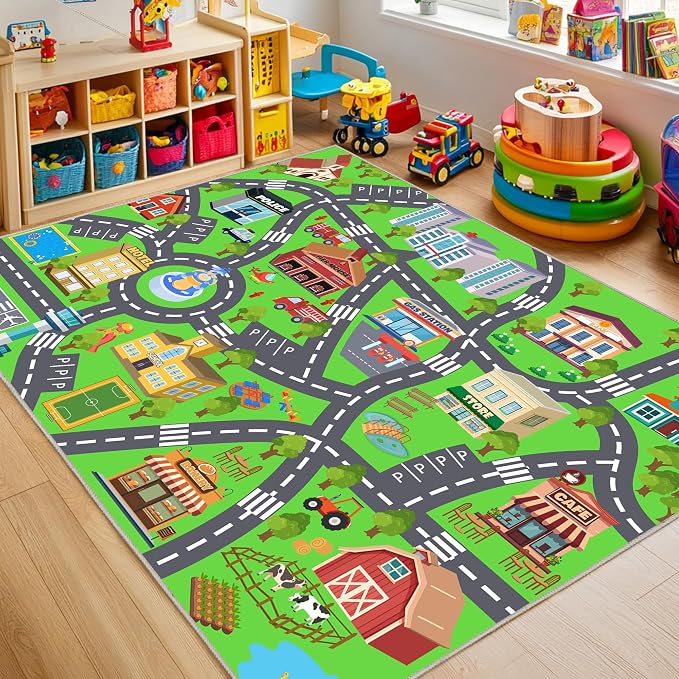 Kids Rug for Playroom, 3x4ft Car Rugs Town City Road Map Rug Play Mat | Soft, Non-Slip Childrens Road Carpet, Washable Kids Play Rug for Classroom Nursery Bedroom Daycare Boy, Stain Flame Resistant