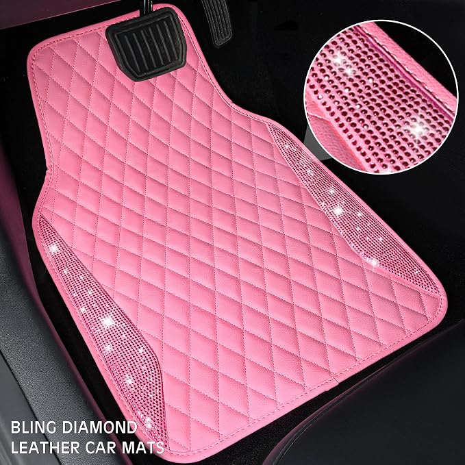 CAR PASS Bling Leather Car Mats Shining Diamond Floor Mats Crystal Rhinestones Sparkly Glitter Carpet Anti-Slip Waterproof Pad Universal Fit for Automotive SUV, Sedan, Van, 5pcs for Girl Women Pink