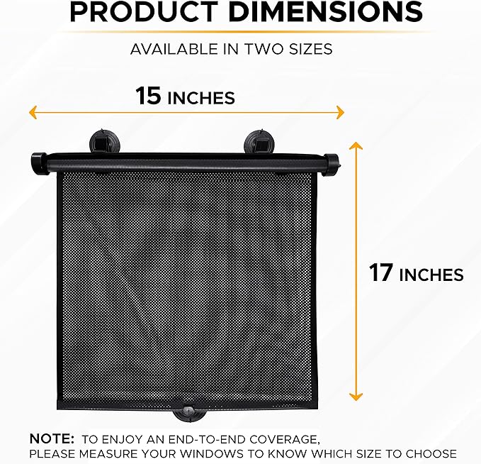 EcoNour Car Side Window Sun Shade (2 Pack) | Retractable Roller Sunshade for Kids | Baby Car Window Shades for UV and Sun Glare Protection | Baby Travel Accessories (15"x17")