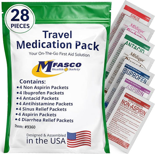 MFASCO - 7 in 1 - Travel Size Medicine Kit - TSA Approved | 28 First Aid Emergency OTC Medicine Packets for Cruise & International Travel | Compact Med Refill for Traveling & Office Assembled in USA