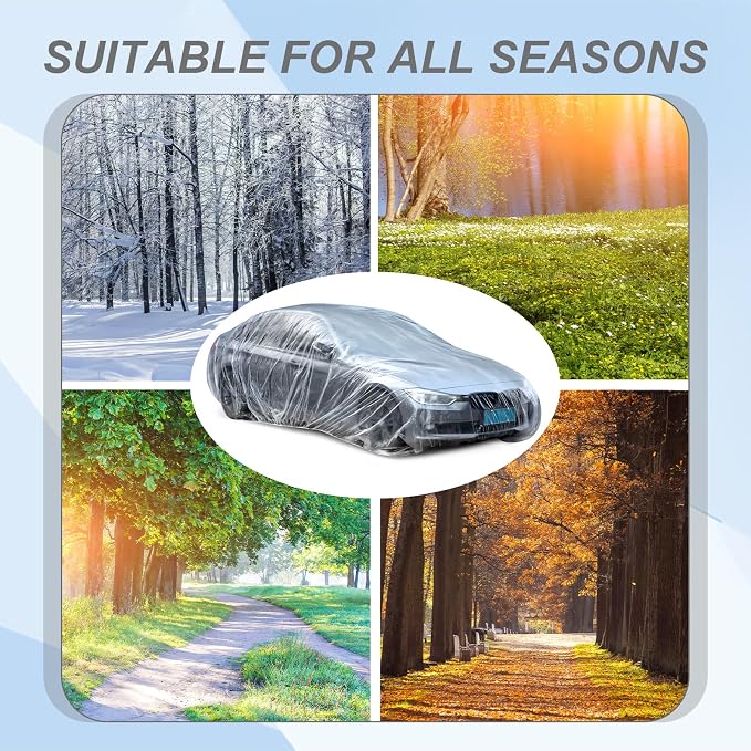 BBTO 2 Pack Universal Plastic Car Cover with Elastic Band Disposable Clear Car Covers Bulk 12.5 x 21.6 ft Waterproof Dustproof Full Exterior Protector for Sedan Outdoor Snow Rain Weather
