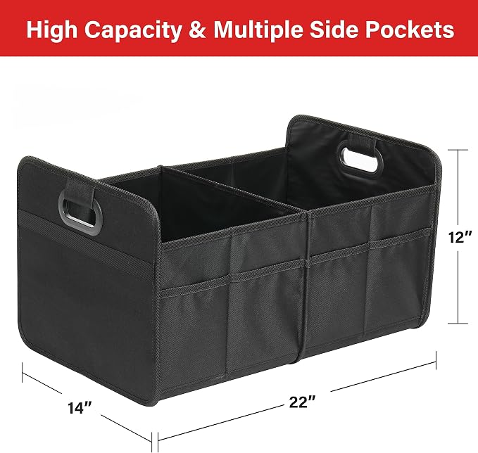 YSSOA Car Trunk Organizer, 2 Compartments Anti-slip 14" D x 22" W x 12" H Collapsible Trunk Storage, 600D Oxford Polyester Car Storage, Suitable for SUV, Minivan, Truck, Black