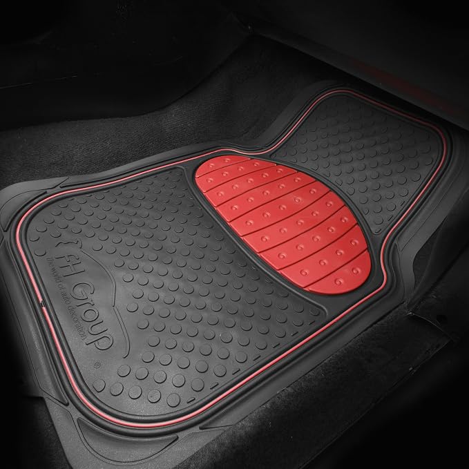 FH Group Car Floor Mats - Heavy-Duty Rubber Floor Mats for Cars, Universal Fit Full Set, Trimmable Automotive Floor Mats, Climaproof Floor Mats for Most Sedan, SUV, Truck Floor Mats Red