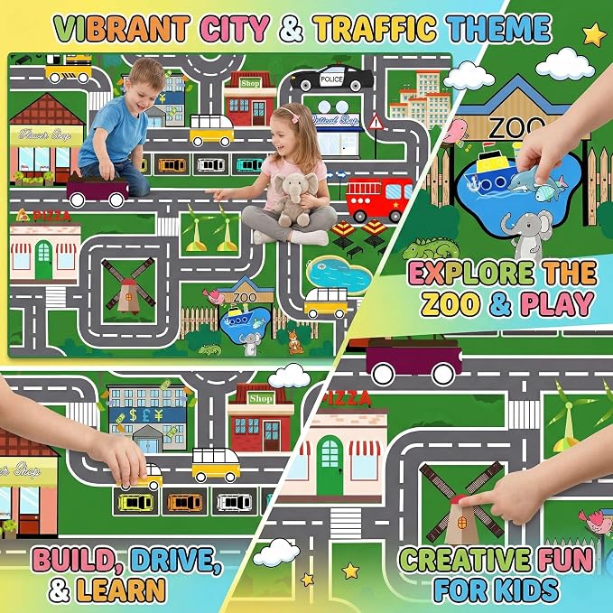 Car Rug 3x5 - Kids Playmat Rug - Educational Town City Map Carpet | Interactive street layout, Low-pile rolling surface, Textured rubber backing, High-density fabric, Machine washable