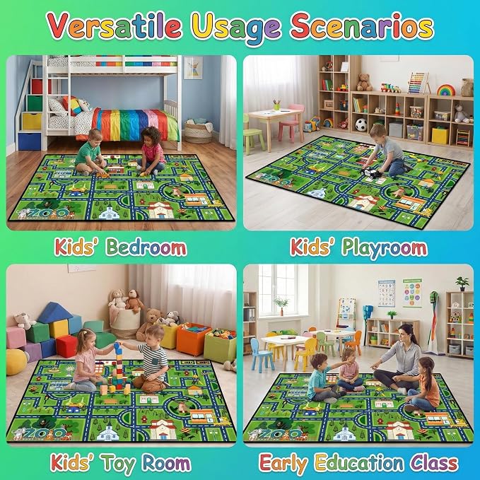 Kids Car Rug Play Mat 4.5x6 Feet City Life Road Traffic Track Carpet for Boys Bedroom Playroom Non Slip Floor Area Rugs for Toy Cars Toddlers Educational Learning Game Mat