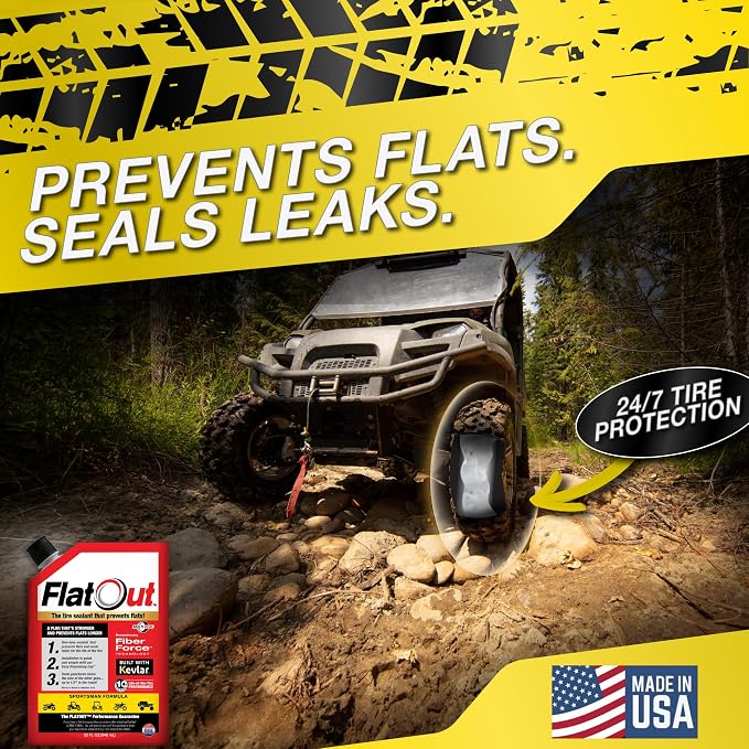 FlatOut Sportsman Formula Tire Sealant - Prevents Flat Tires - Fix a Flat Tire - Seals Leaks - Contains Kevlar - Tubeless Tire Sealant - 32 Ounce Bag - Pack of 2