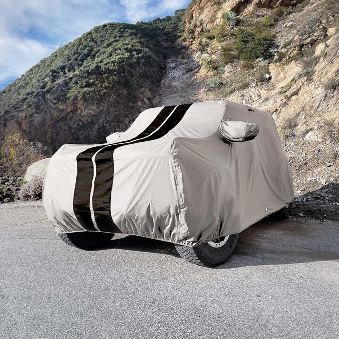 iCarCover Premium Heavy Duty SUV Car Cover - Waterproof Rain Snow UV Protection, GLK, 4Runner, Xterra, Forester, XC40, Q3, Liberty, SPOR-Tage, Size S57 (See Size Chart), Stripe - Light Gray/Black