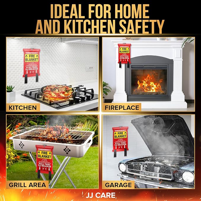 JJ CARE Fire Blanket - 40" x 40" [2 Packs with Hooks & Gloves] - Suppression Flame Retardant Emergency Fire Blanket for Camping, Grill, Kitchen, Home, Car, School, Office, Warehouse