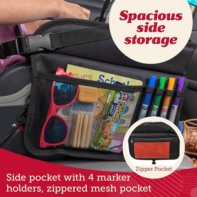 Lusso Gear Kids Car Seat Travel Tray - Dry-Erase Tablet Holder for Road Trip Activities - Cup Holder & Storage for Toddler Travel Essentials - Plane Activity Tray for Airplane Essentials - Dinos