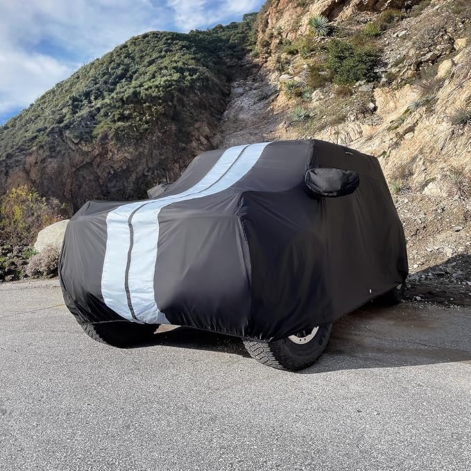 iCarCover Premium Heavy Duty SUV Car Cover - Waterproof All Weather Rain Snow UV Protection GLK, 4Runner, Xterra, Forester, XC40, Q3, Liberty, SPOR-Tage, Size S57 (See Size Chart), Stripe - Black/Gray