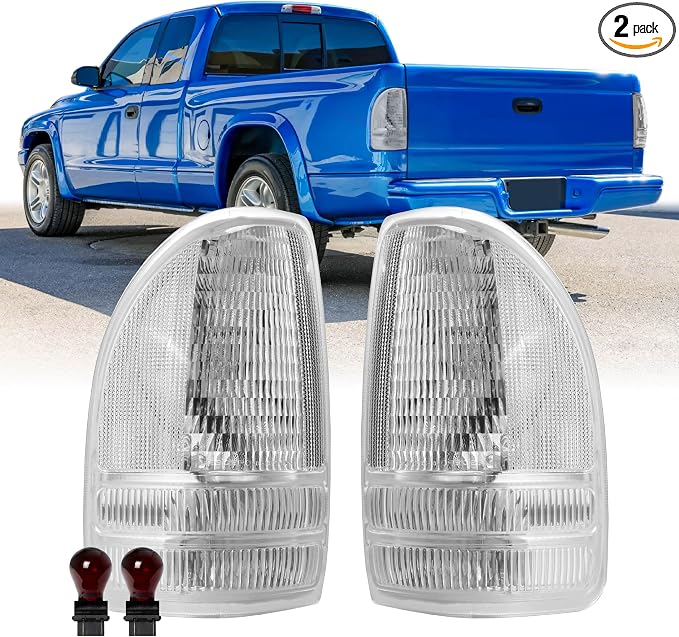 USR 97-04 Dakota PickUp Trucks Tail Light – Rear Tail Lamps (Left + Right) Pair - Compatible with 1997-2004 Dodge Dakota Pick Up Truck All Models/Trims (CLEAR LENS TAIL LIGHTS with RED BULBS)